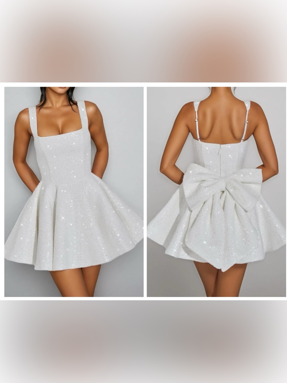 NWT White Sequin Removable Bow Skater Mini Dress Size 2